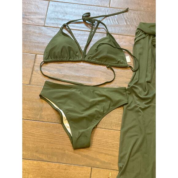 Bikini Set CoverUp 3 Pieces Swimsuit Sarong NWT Mesh Swim wrap skirt ARMY Olive - Picture 6 of 8